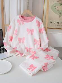 2 件套女童蝴蝶结和心形印花羊毛长袖上衣和裤子休闲舒适睡衣套装 - 彩色 - 查看 5