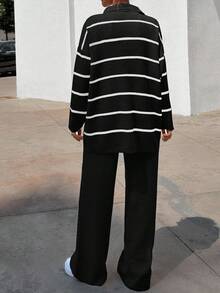 EURMUSE Women Striped Sweater Cardigan And Pant Set - Black - View 2