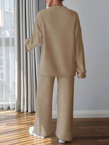 EURMUSE Women Button Detailed Sweater And Pant Set - Camel - View 2