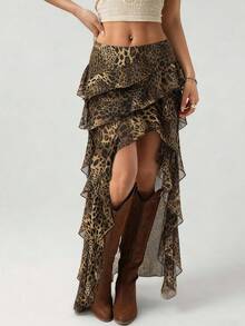 Glamine Elegant Brown Leopard Print Layered Ruffle Hem Skirt, Suitable For Urban Chic, Beach Vacation, And Party Occasions - Brown - View 4