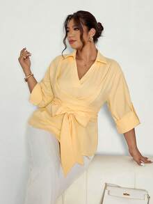 Firerie 大码优雅休闲工作服办公室衬衫裙，卷袖，交叉领带，小 V 领，百搭长衬衫裙，适合任何场合，春/秋/冬 - 黃色 - 查看 3