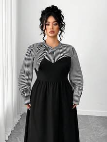 Elenzga 大码女装新款秋冬两件套连衣裙，条纹和纯色组合，及膝连衣裙，领口系带蝴蝶结，优雅大方，适合工作和日常穿着，法式时尚风格，秋季可单独穿着，冬季可作为内搭，青春洋溢的学院风 - 黑與白 - 查看 5