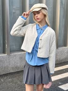 Teen Girls' Fashionable Fluffy Button Jacket - Beige - View 3