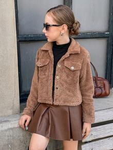 青少年女孩休闲时尚街头风格翻盖口袋羊毛夹克，秋冬 - 卡其色 - 查看 6