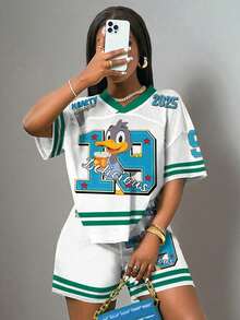 Slaydiva Tuta casual semplice in jersey, 2 pezzi da donna, con stampa con il numero 19 e anatra per la primavera/estate 2025 - Multicolore - Visualizzare 6