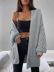 SHEIN 雙口袋落肩袖開門襟開襟衫 - 灰色 - 查看 5