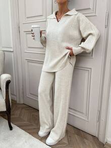 EURMUSE Rib Pattern Polo Neck Sweater And Pant 2pcs Set - Apricot - View 4