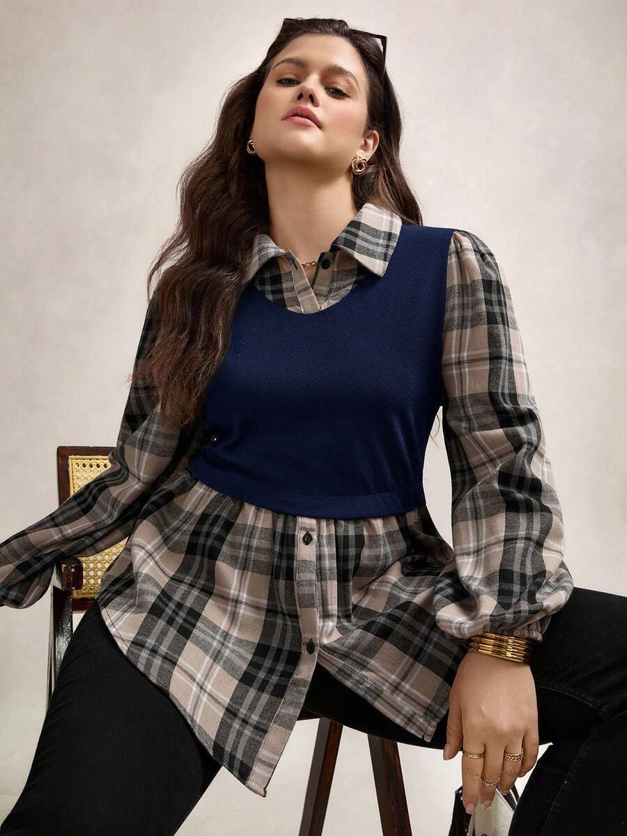 Zelara LUNE 加大码立领格子长灯笼袖针织撞色拼接休闲宽松衬衫办公室女装两件套纽扣装饰 - 藏蓝色 - 查看 1