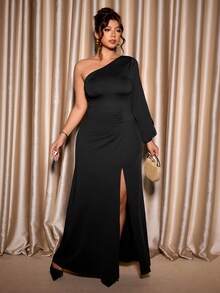 Cravure 大码女式新款单肩、落肩、露背、合身浪漫灯笼袖长裙，适合鸡尾酒会和日常穿着 - 黑色 - 查看 8