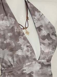 SHEIN ICON Halter Deep V-Neck Cinched Waist A-Line Backless Vintage Camo Tie-Dye Print Chic Y2K Camisole