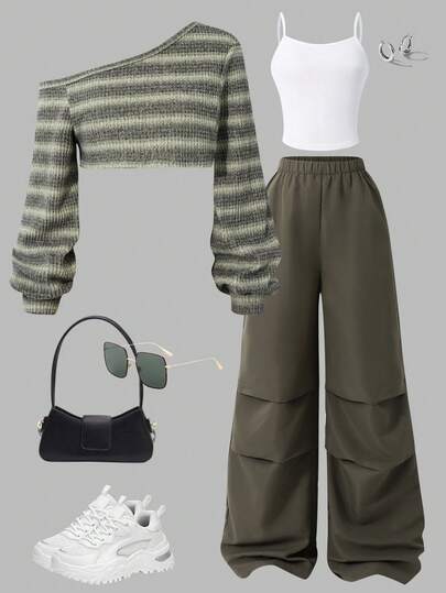 Sparklyn Conjunto de 3 piezas de camisola de punto casual, tirantes y pantalones de pierna ancha, cómodo y de moda para adolescentes, adecuado para deportes al aire libre, ocio y uso diario, diseño de hombros oblicuos