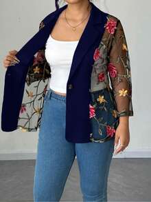 Elenzga Plus Size Women Colorful Floral Embroidered Long Sleeve Top - Navy Blue - View 8