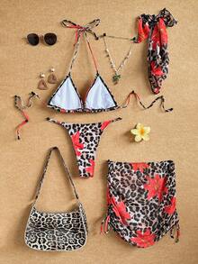 SHEIN Swim Conjunto de traje de baño para mujer del Festival de Música 2025, con patchwork de estampado de leopardo y floral