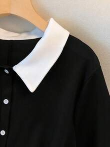 GlowEve CURVE 大码女装秋季新款衬衫领连衣裙，黑白拼色，休闲简约，冬季可作为打底衫 - 黑與白 - 查看 4