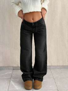 EURMUSE Quần jean ống đứng lưng thấp đơn giản, rộng rãi - màu đen - Xem 7