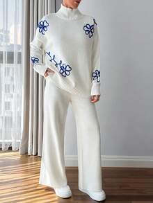 EURMUSE Women 3d Floral Embroidery Sweater Co-Ord Set - White - View 7