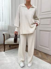 EURMUSE Rib Pattern Polo Neck Sweater And Pant 2pcs Set - Apricot - View 5