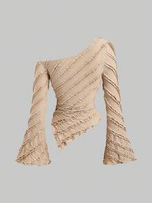 Sweetra Women's New Textured Fabric Asymmetric Hem Long Sleeve Blouse With Metal Decor, Suitable For Commuting And Outings, Spring/Summer/Autumn - Khaki - View 2