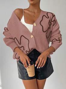 SHEIN LUNE Women's Floral Print Front Button V-Neck Long Sleeve Cardigan - Dusty Pink - View 1