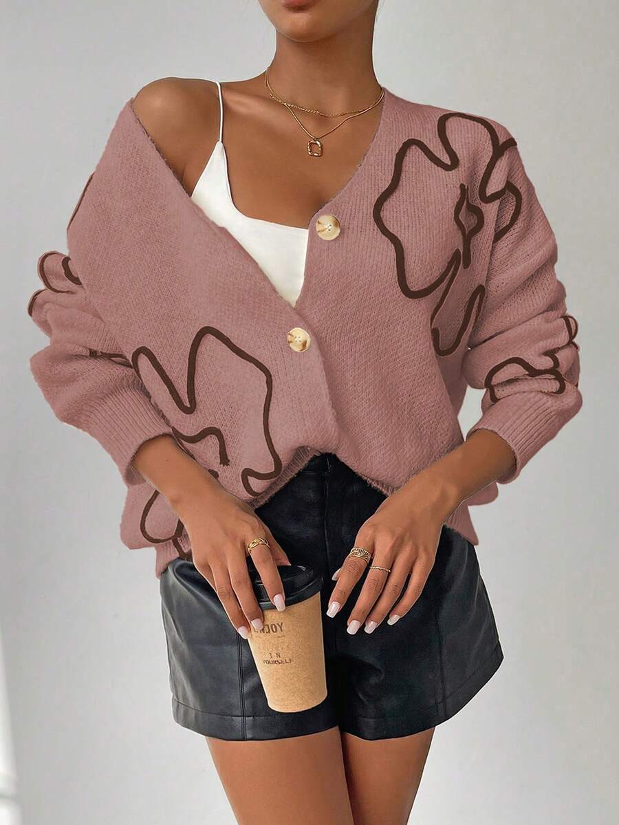 SHEIN LUNE Women's Floral Print Front Button V-Neck Long Sleeve Cardigan - Dusty Pink - View 1