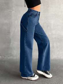 EURMUSE High Waist Straight Leg Jean Carpenter - Dark Wash - View 3
