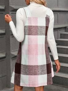 EMERY ROSE Vestido chaleco con cuello en V y cremallera a cuadros para mujer, otoño/invierno