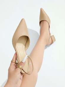 Sandalias de tacón bajo para mujer estilo sencillo moderno diseño de punta fina material PU acabado delicado ajuste ceñido punta redonda sin manga primavera verano oficina casual - Albaricoque - Ver 1