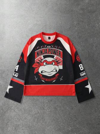 TEENAGE MUTANT NINJA TURTLES X ROMWE Camiseta de manga larga con estampado de tortuga de corte holgado para hombre