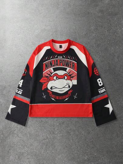 TEENAGE MUTANT NINJA TURTLES X ROMWE Men Sports Loose Fit Cartoon Turtle Print Long Sleeve T-Shirt