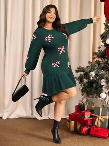 Elaquor Plus Size Women Candy Cane Pattern Ruffle Hem Sweater Dress, Autumn/Winter,Christmas - Green - View 3
