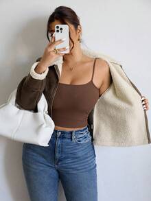 SHEIN Frenchy 加大码女式毛茸茸夹克，日常百搭深棕色保暖内衬厚外套，适合秋冬外出