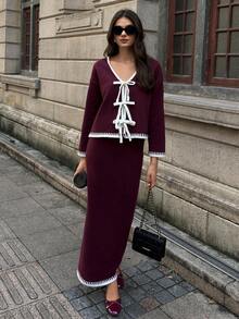 SHEIN Unity 2pcs Ombre Bowknot Strap Casual Basic Knit Set, Autumn/Winter - Burgundy - View 4