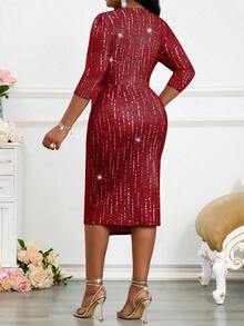 SHEIN Lady Đầm xòe đính đá cổ chữ V thanh lịch, sang trọng, thanh lịch, cổ điển, dành cho nữ, mùa xuân và mùa hè, dự tiệc cưới, tiệc Valentine, tiệc năm mới, size lớn, hàng mới về. - Màu Đỏ Sâu - Xem 2