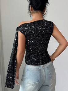 Selianne 女士黑色金属面料高档设计不对称肩部无袖单侧系带修身上衣，优雅时尚，适合生日、约会、派对、音乐节、舞会、独立日、网络星期一、万圣节、光棍节、返校派对、平安夜、感恩节、圣诞节、排灯节、秋季等场合。 - 黑色 - 查看 2