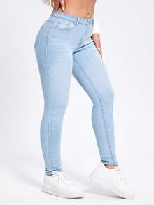 SHEIN CURVE+ Quần jeans skinny nữ cỡ lớn, có túi, kiểu dáng wash, đa năng cho mặc hàng ngày. - Rửa nhẹ - Xem 2