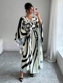 Elenzga Women's Floral Print Striped V-Neck Batwing Sleeve Loose Fashion Dress - Black and White - View 4