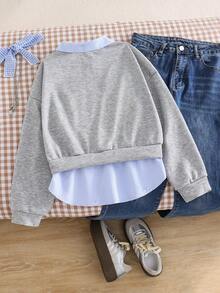 Girls Casual Versatile 2 In 1 Sweatshirt, With Blue & White Striped Shirt Collar, Cuffs And Hem, Black Letter Print Graphic On Chest, Suitable For Autumn/Winter Outings, Travel, Walking, School, Commuting, Can Be Paired With Jackets, Pants, Sweatpants - Grey - View 2