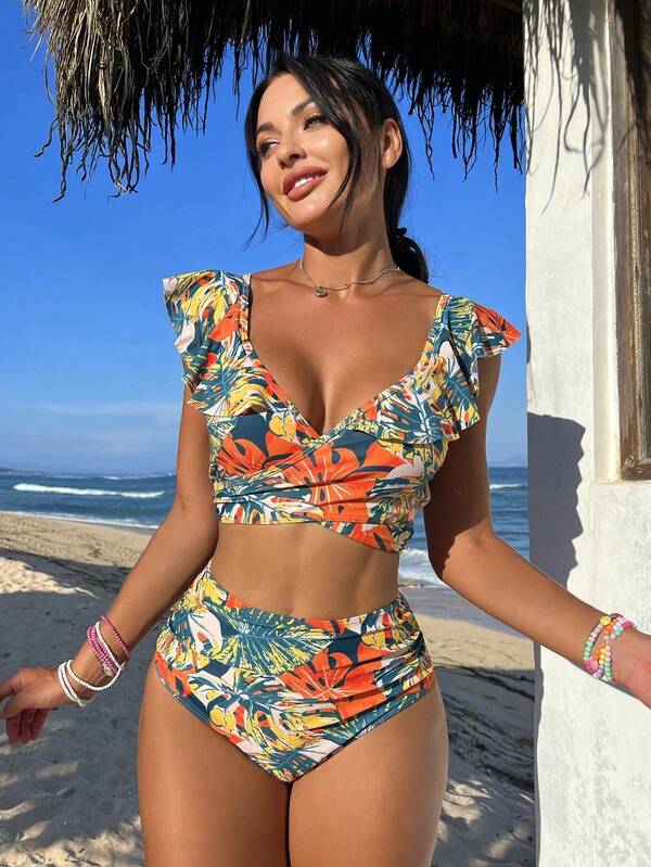 Swim Lushoire Conjunto de bikini de playa con estampado tropical y volantes para mujer