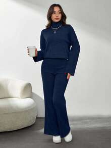 SHEIN Tall 純色長袖毛衣與針織長褲兩件套，小碼，冬季衣物，高個女性 - 藏蓝色 - 查看 4