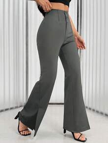 Chiquease Solid Color Front Button Flare Leg Elegant Split Hem Pants - Dark Grey - View 3