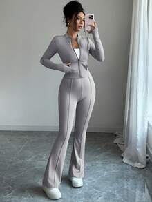 INAWLY Women's Tight-Fitting Zip-Up Cropped Top With Mandarin Collar And Flared Pants 2 Pieces Set - Light Grey - View 4