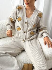 EURMUSE Ensemble femme composé d'un gilet à gros boutons avec motif mouton 3D et d'un pantalon en maille - Beige - Voir 7