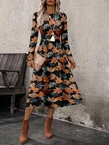 EMERY ROSE Women's Autumn/Winter Atmospheric Maple Leaf & Fallen Leaves Retro Print Long Dress, Suitable For Outings, Street Style, Dates, Chic - Multicolor - View 6