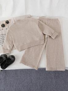 Suéter com Decoro de Laço Fashionável e Doce com Gola Redonda e Calça Reta Casual Adequada para Meninas Pré-Adolescentes, Ideal para Casa, Passeio, Festa, Volta às Aulas - Damasco - Visão 2