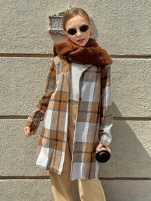 Tween Girl Casual Plaid Print Long Sleeve Jacket + Solid Color Top + Khaki Pants 3-Piece Elegant Outfit - Multicolor - View 3