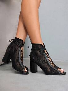 CUCCOO SZL Giày cao gót nữ thời trang gợi cảm với thiết kế lưới, thoáng khí, quai mảnh, thoải mái cho tiệc tùng và dạ hội - màu đen - Xem 5