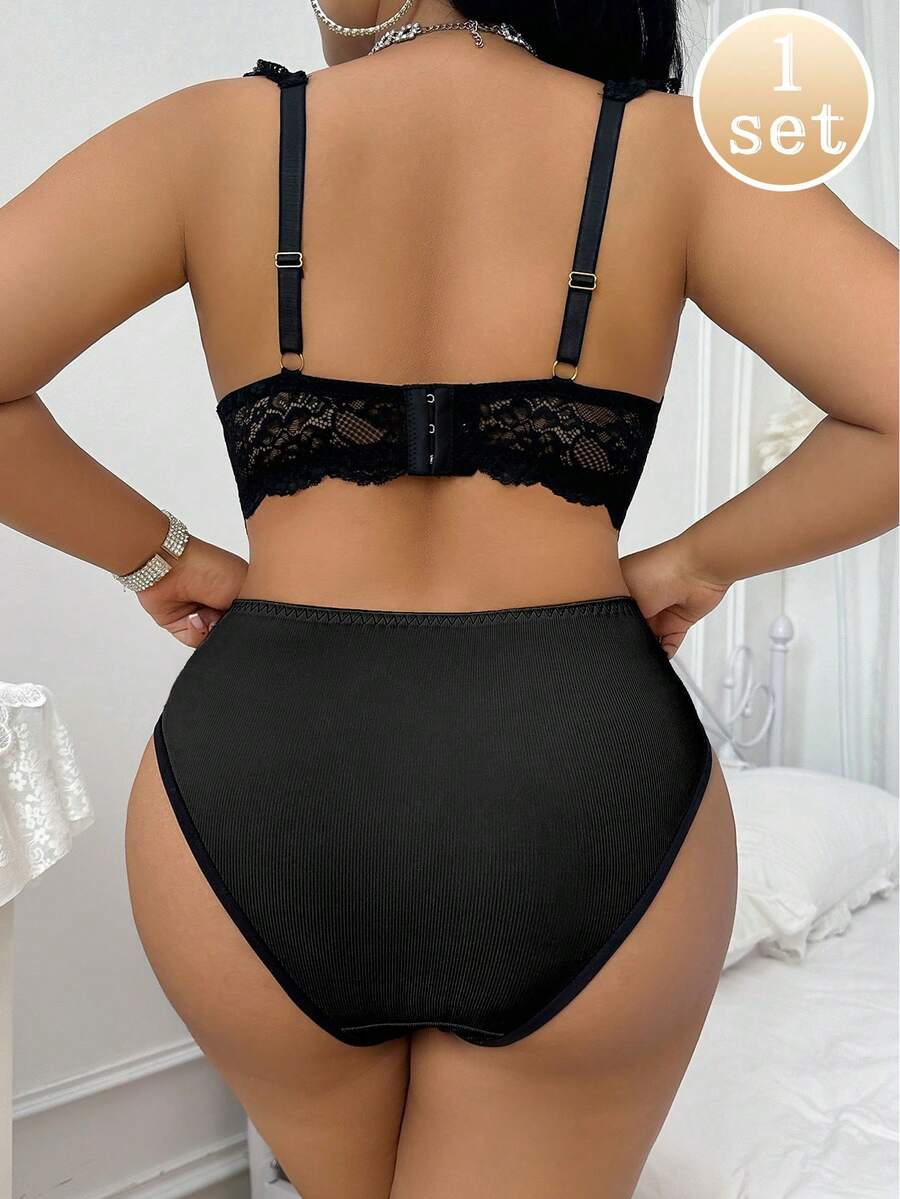 SHEIN Set de 2 sujetadores con aros y encaje en tallas grandes - Negro - Ver 1