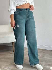 EURMUSE HIGH RISE STRAIGT CUT RIPPED PLUS SIZE WOMEN JEAN - Dusty Blue - View 5