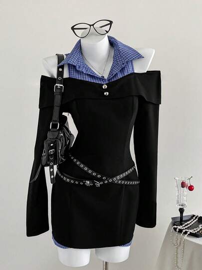 SHEIN Unity 女士时尚简约露肩拼色拼接衬衫领二合一褶皱腰修身休闲/约会连衣裙，秋冬