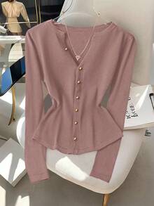 GlowEve Nuevo chaleco de punto con cuello en V para mujer, de unicolor, elegante, versátil, top de punto de moda minimalista - Rosa vieja - Ver 1